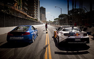 blue racing car, race cars, car, racing, race tracks HD wallpaper