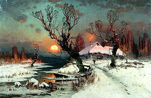 bare trees in front of house illustration, painting, snow, dead trees, stream