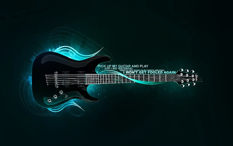 black and blue electric guitar, quote, guitar HD wallpaper