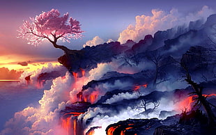 painting of mountain with lava and fogs