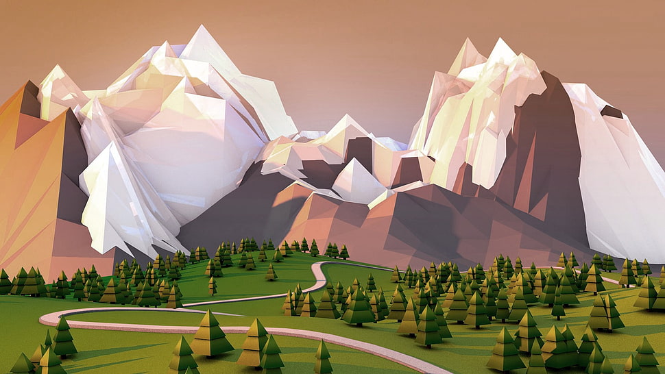mountains and trees illustration HD wallpaper