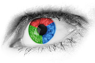 green, blue and red eye poster