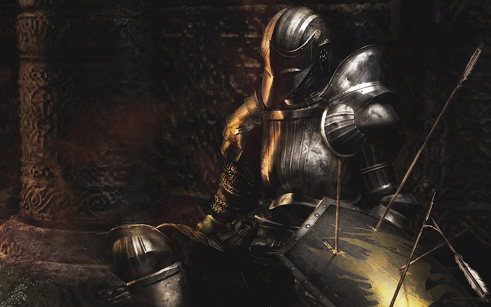 black knight sitting on ground painting, Dark Souls, Demon's Souls HD wallpaper