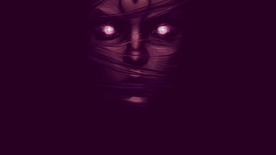 animated face illustration, artwork, glowing eyes, hair in face, face