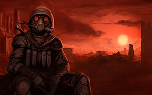 man wearing gas mask illustration, artwork, futuristic, apocalyptic