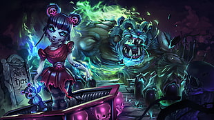 Monster and girl digital wallpaper