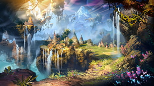 mountain with waterfalls digital wallpaper, fantasy art, waterfall, mountains