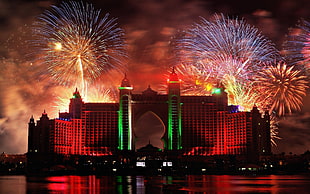 fireworks over building wallpaper, Abu Dhabi, building, fireworks HD wallpaper