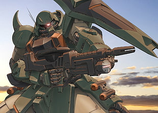 green robot graphic wallpaper, Gundam, Zaku II, desert, mech