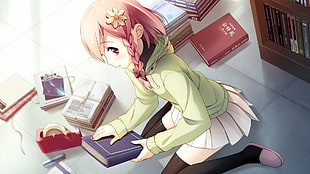 pink haired anime character holding a book