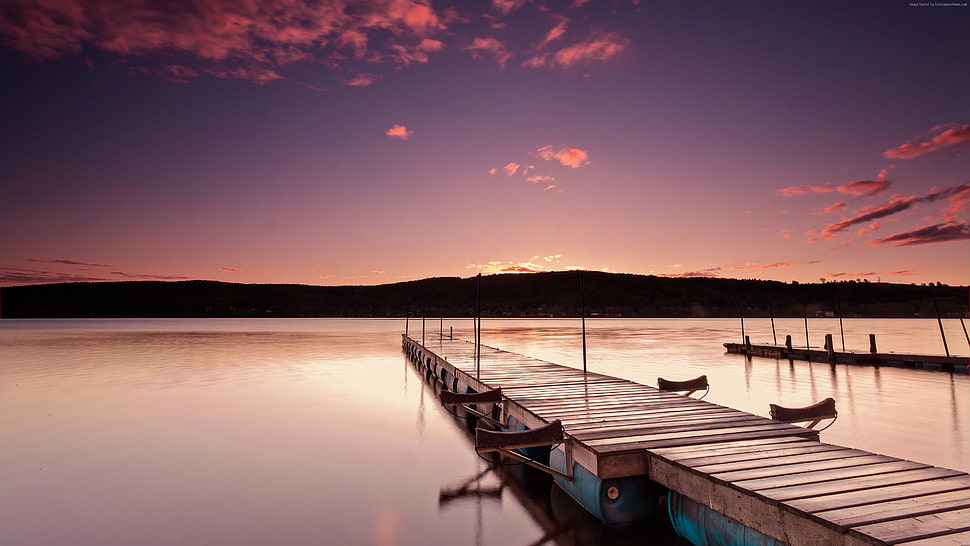 brown wooden ship dock during golden hour HD wallpaper