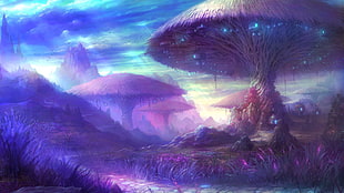 brown nipa huts with lights illustration, fantasy art, magic mushrooms, Aion, Aion Online HD wallpaper