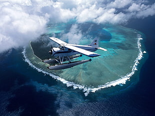 white and black biplane, airplane, island, sea, aerial view HD wallpaper
