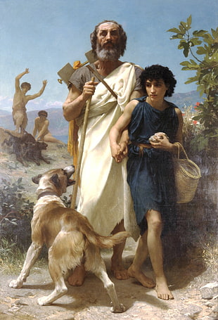 two men and dog painting, classic art, painting, history, Greek mythology