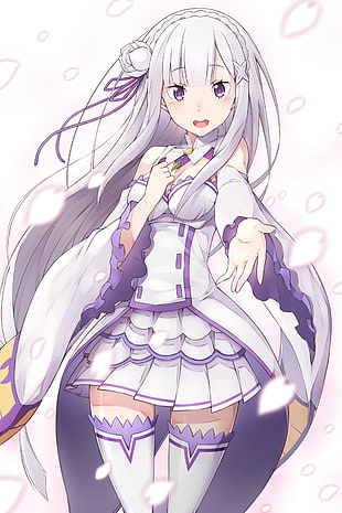 female animated character wearing white and purple dress, white  background, cleavage, Emilia (Re: Zero), Re:Zero Kara Hajimeru Isekai Seikatsu