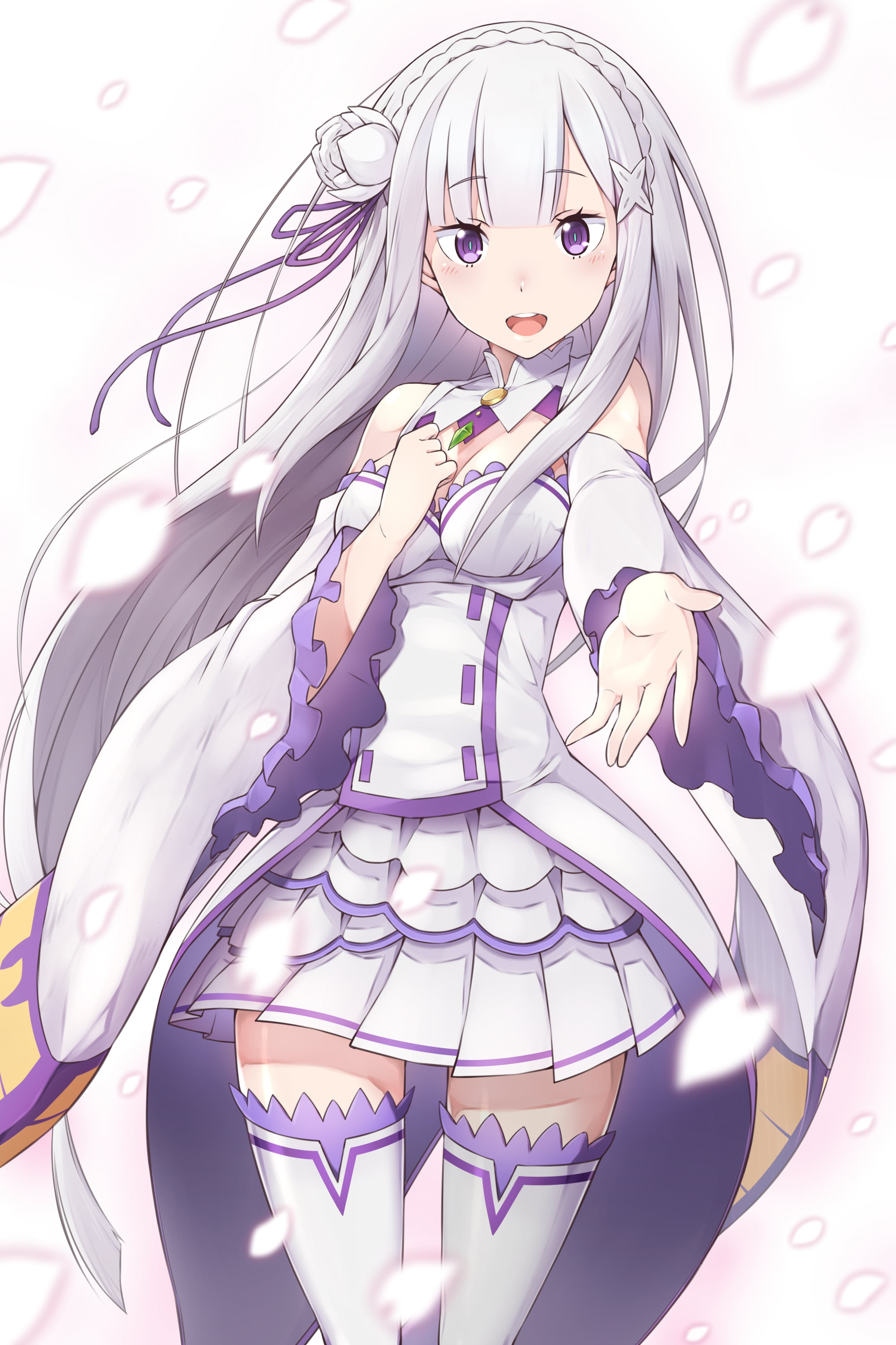Female animated character wearing white and purple dress, white background,  cleavage, Emilia (Re: Zero), Re:Zero Kara Hajimeru Isekai Seikatsu HD  wallpaper | Wallpaper Flare