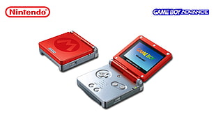 red and gray Nintendo Game Boy with text overlay, GameBoy Advance SP, consoles, Nintendo, video games HD wallpaper