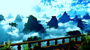 rock mountains with sea off clouds digital wallpaper, fantasy art