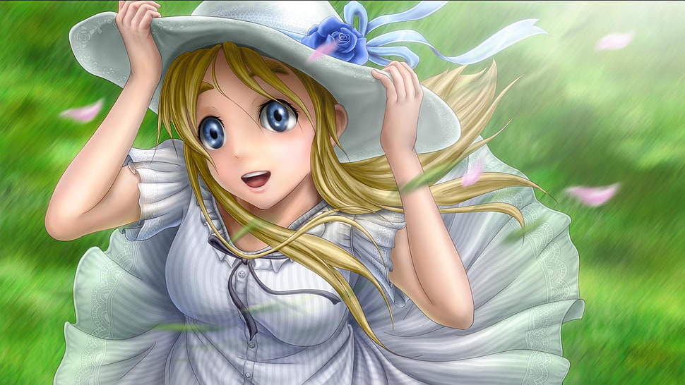 female anime character wearing white dress and white hat HD wallpaper
