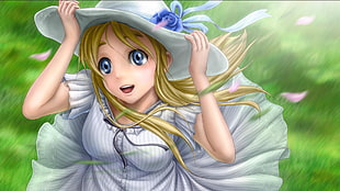female anime character wearing white dress and white hat