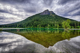 calm lake overlooking mountain under white cloudy skies during daytime