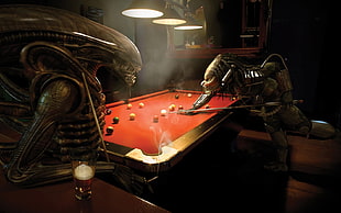 Alien and Predator playing pool painting, Alien vs. Predator, Xenomorph, Predator (movie), Alien (movie) HD wallpaper