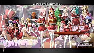 2011 female anime characters Christmas-themed panoramic wallpaper HD wallpaper