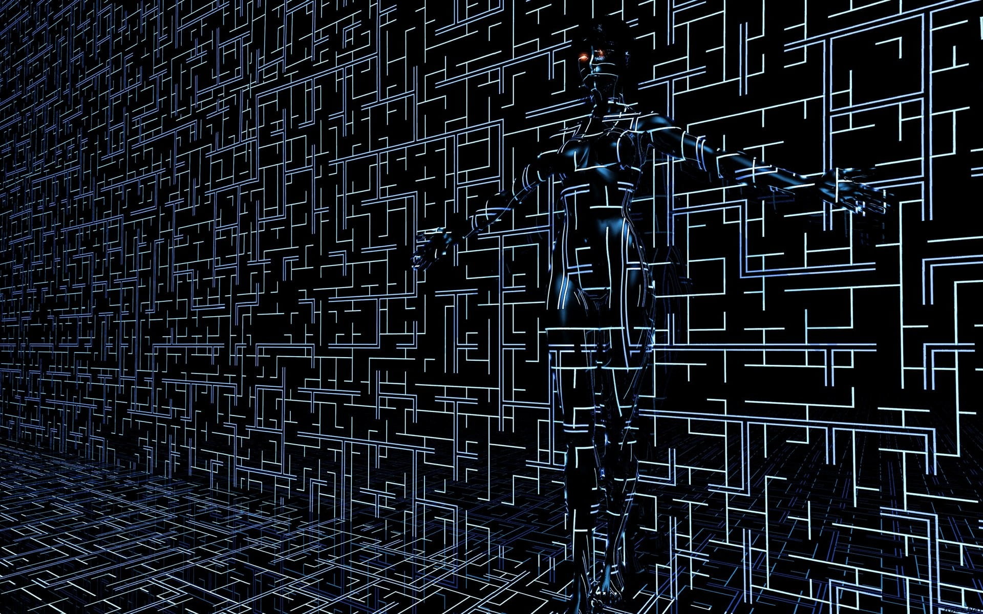 black and white digital wallpaper, Digital Blasphemy, cyberpunk, robot, machine