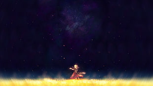 yellow haired anime, grass, stars, dress