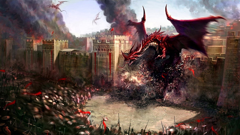 red dragon illustration, dragon, fantasy art HD wallpaper