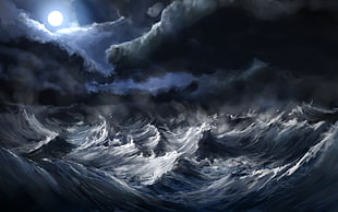 nimbus clouds over huge ocean waves, digital art, nature, landscape, clouds HD wallpaper