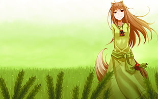 girl in green dress illustration HD wallpaper