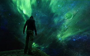aurora borealis wallpaper, space, green, planet, stars