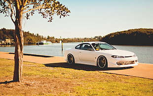 white coupe parked near the lake