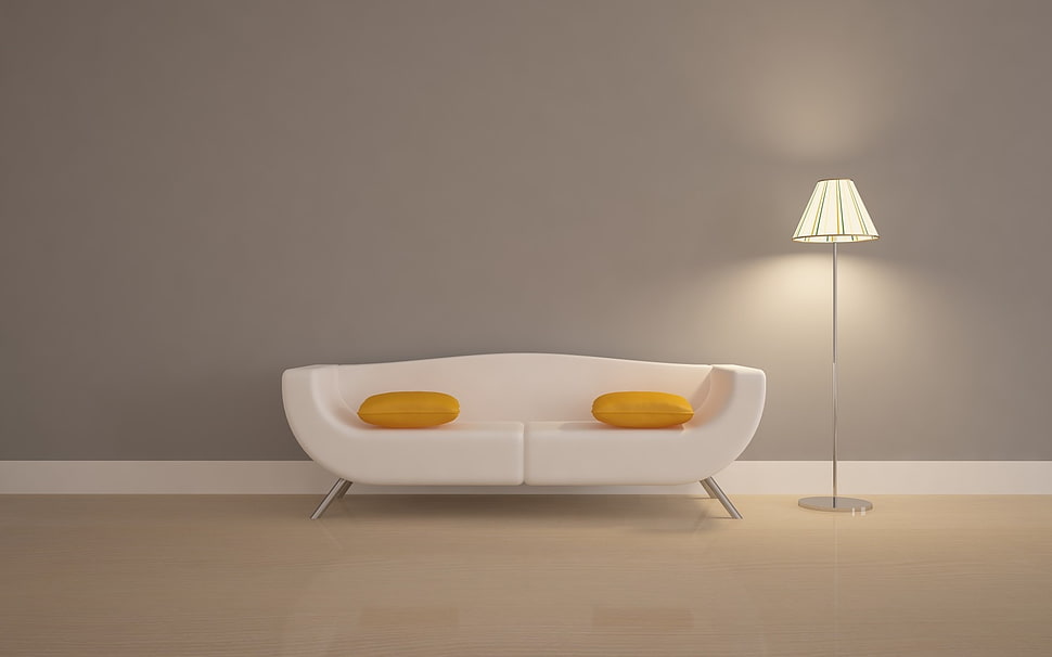 white fabric 2-seat sofa with two yellow throw pillows beside white lampshade floor lamp HD wallpaper