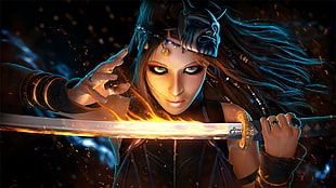 blue haired female warrior with katana