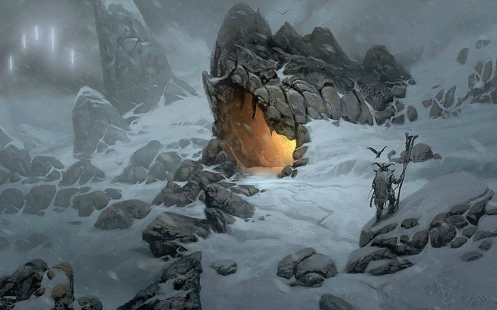 cave surrounded by snow illustration HD wallpaper