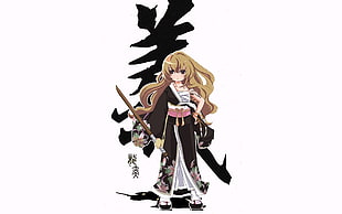 brown haired female anime character holding katana