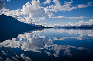 landscape photo of still body of water reflecting the sky with white clouds during daytime