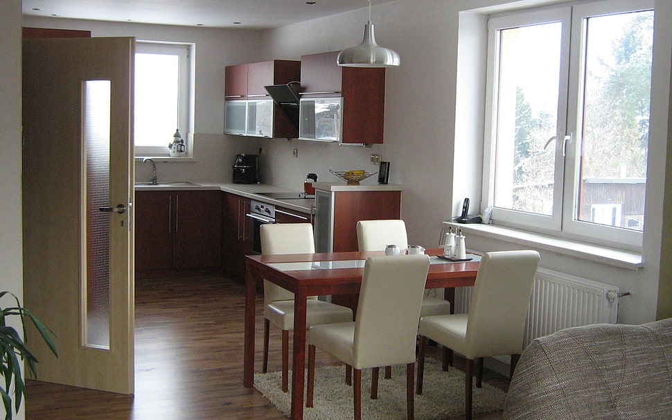 brown wooden table with four chairs HD wallpaper
