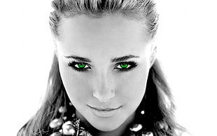 selective color photography of green eyed woman