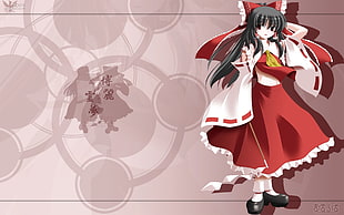 female anime character with red and white dress digital wallpaper