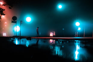 white lamp posts, traffic signs, night, reflection