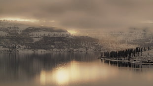 gray mountain range, winter, snow, lake, landscape HD wallpaper
