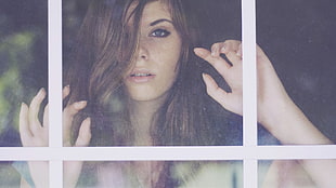 woman leaning on glass window portrait HD wallpaper