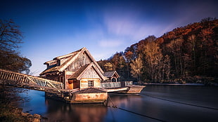 brown wooden house, water, landscape, watermills
