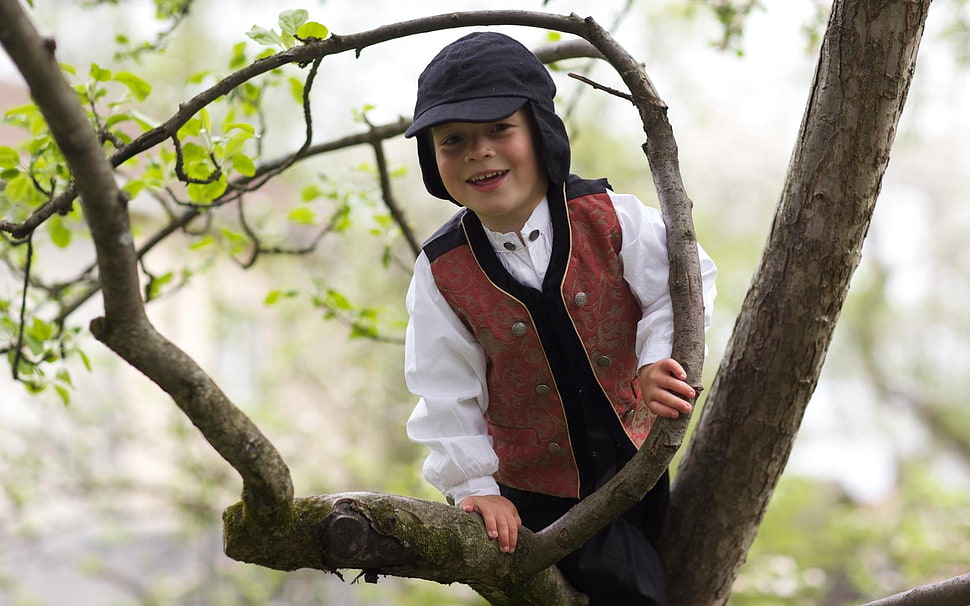 boy on tree wearing red vest HD wallpaper