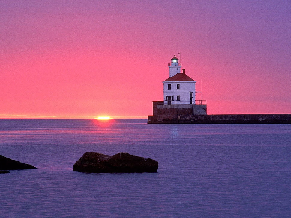 white lighthouse near body of water, coast, lighthouse HD wallpaper