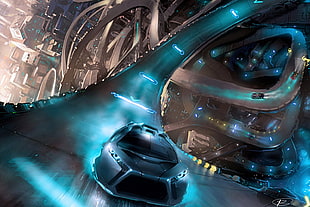 black car digital wallpaper, road, futuristic, science fiction, futuristic city HD wallpaper