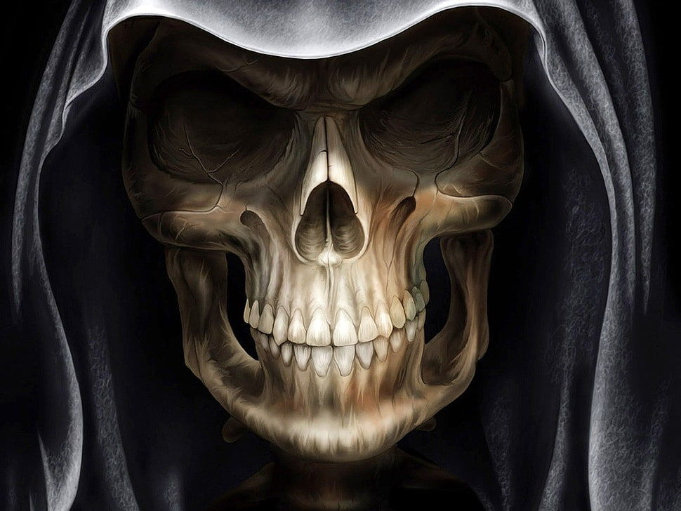 skull wearing hood graphic wallpaper, death, skull, Grim Reaper, fantasy art HD wallpaper